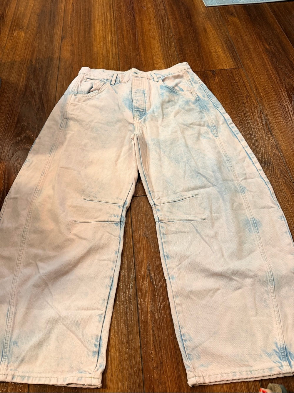 We The Free Pale Pink Tie-Dye Wide Leg Jeans with Blue Accents